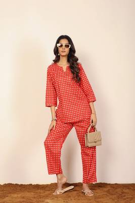Red and white geometric two piece set kurta style co-ord set 1