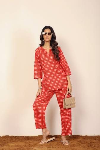 Red and white geometric two piece set kurta style co-ord set