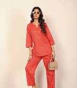 Red and white geometric two piece set kurta style co-ord set