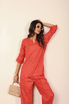 Red and white geometric two piece set kurta style co-ord set 3