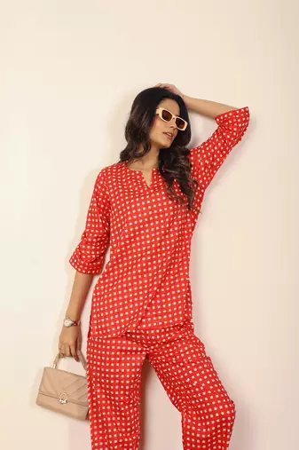 Red and white geometric two piece set kurta style co-ord set