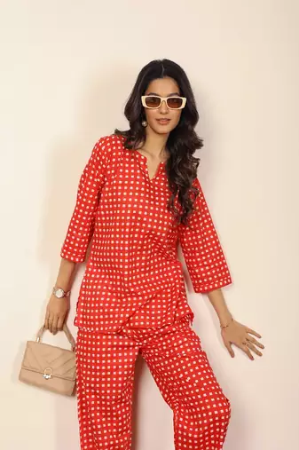 Red and white geometric two piece set kurta style co-ord set