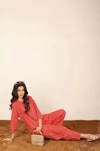 Red and white geometric two piece set kurta style co-ord set