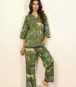 Green and multicolor jungle theme print two piece sets kurta style co-ord set
