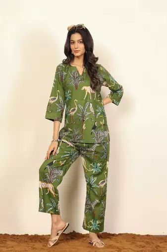 Green and multicolor jungle theme print two piece sets kurta style co-ord set