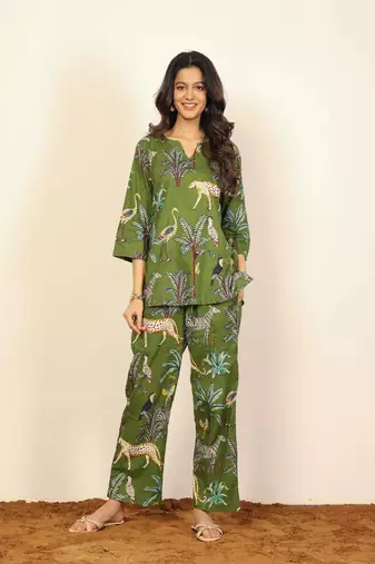 Green and multicolor jungle theme print two piece sets kurta style co-ord set