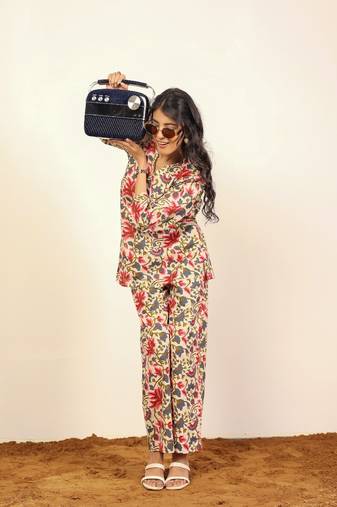 Multicolor floral print two piece sets short kurta style co-ord set