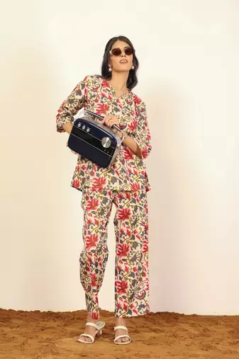 Multicolor floral print two piece sets short kurta style co-ord set