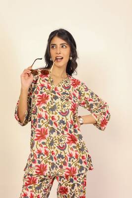 Multicolor floral print two piece sets short kurta style co-ord set 4