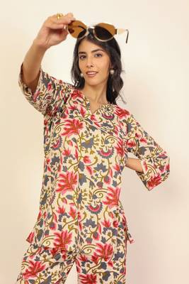 Multicolor floral print two piece sets short kurta style co-ord set 5