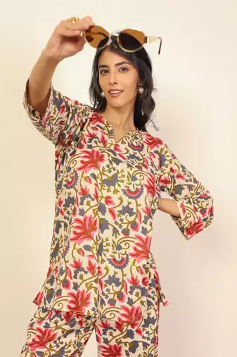 Multicolor floral print two piece sets short kurta style co-ord set