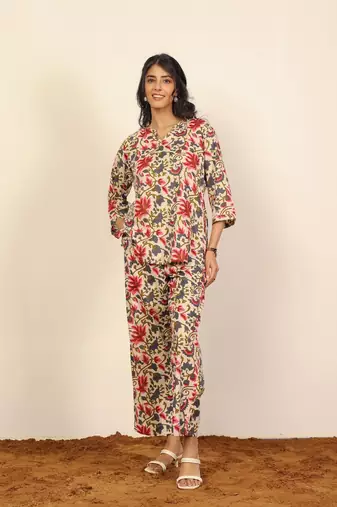 Multicolor floral print two piece sets short kurta style co-ord set