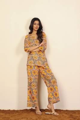 Yellow and multicolor floral print two piece sets short kurta style co-ord set 1