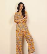 Yellow and multicolor floral print two piece sets short kurta style co-ord set
