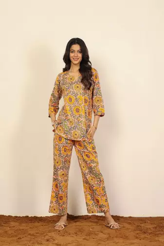 Yellow and multicolor floral print two piece sets short kurta style co-ord set