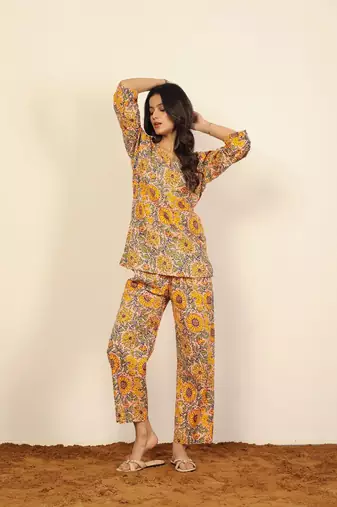 Yellow and multicolor floral print two piece sets short kurta style co-ord set