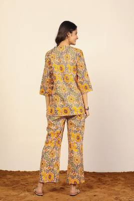Yellow and multicolor floral print two piece sets short kurta style co-ord set 5