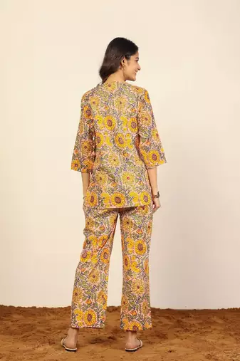 Yellow and multicolor floral print two piece sets short kurta style co-ord set