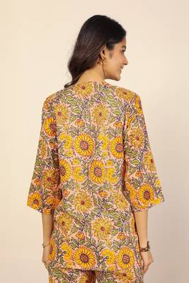 Yellow and multicolor floral print two piece sets short kurta style co-ord set 6