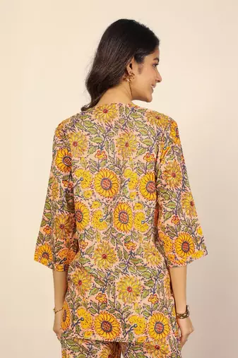 Yellow and multicolor floral print two piece sets short kurta style co-ord set