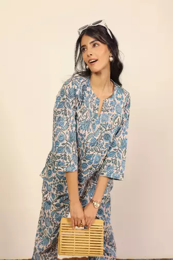 Multicolor floral print two piece sets short kurta style co-ord set