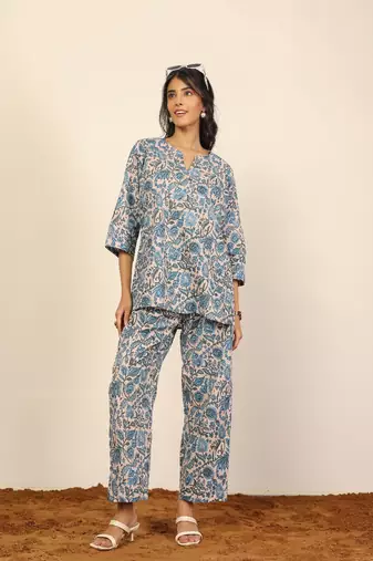 Multicolor floral print two piece sets short kurta style co-ord set