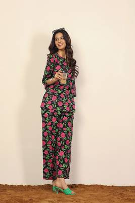 Black multicolor floral print two piece sets short kurta style co-ord set 1
