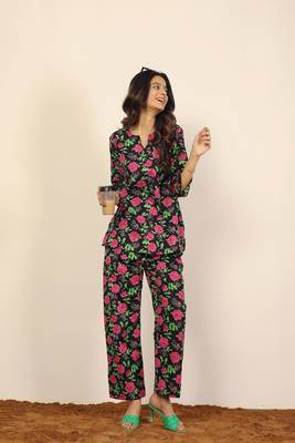 Black multicolor floral print two piece sets short kurta style co-ord set 3