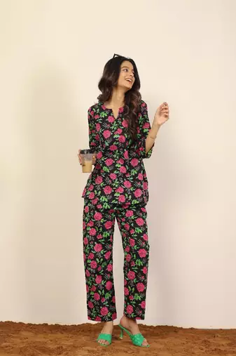 Black multicolor floral print two piece sets short kurta style co-ord set