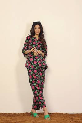 Black multicolor floral print two piece sets short kurta style co-ord set 4