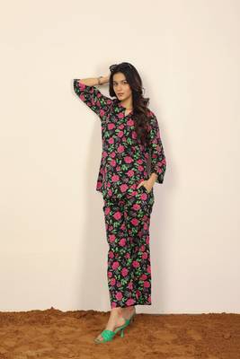Black multicolor floral print two piece sets short kurta style co-ord set 5