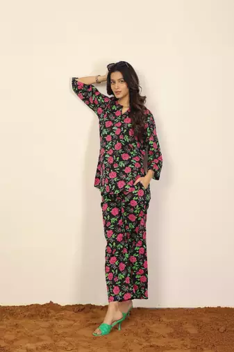 Black multicolor floral print two piece sets short kurta style co-ord set