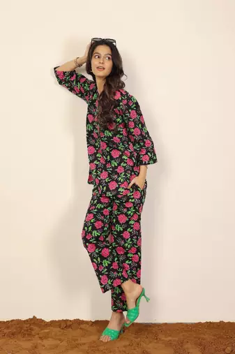 Black multicolor floral print two piece sets short kurta style co-ord set