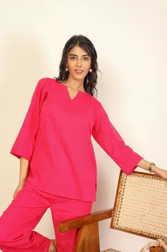 Solid pink two piece set kurta style top and wide leg trouser cotton linen blend co-ord set