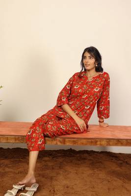Red multicolor floral print two piece sets short kurta style co-ord set 3