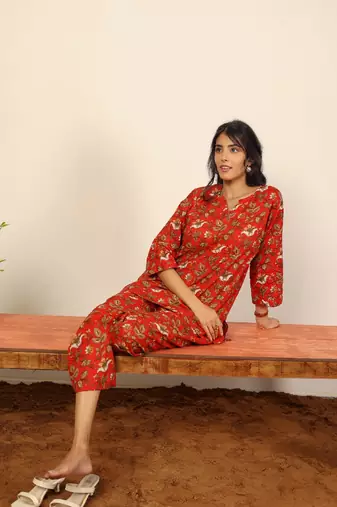 Red multicolor floral print two piece sets short kurta style co-ord set