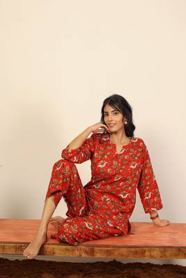 Red multicolor floral print two piece sets short kurta style co-ord set 4