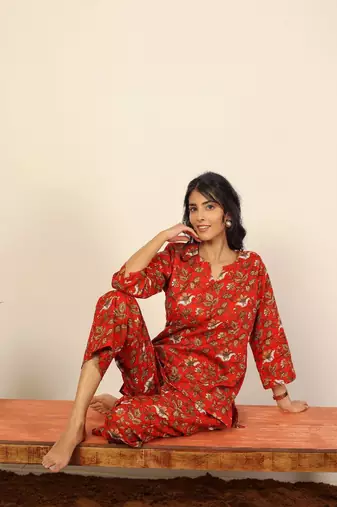 Red multicolor floral print two piece sets short kurta style co-ord set