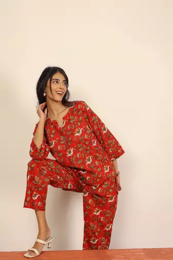 Red multicolor floral print two piece sets short kurta style co-ord set