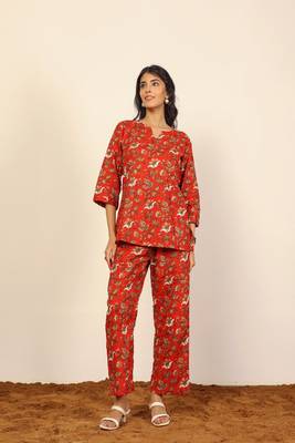 Red multicolor floral print two piece sets short kurta style co-ord set 6