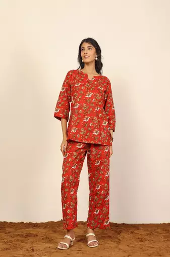Red multicolor floral print two piece sets short kurta style co-ord set