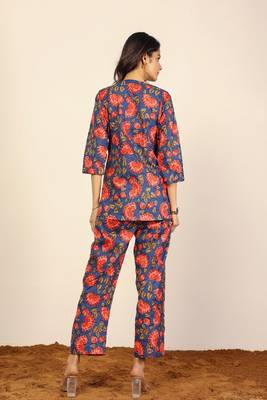 Blue multicolor floral print two piece sets short kurta style co-ord set 3