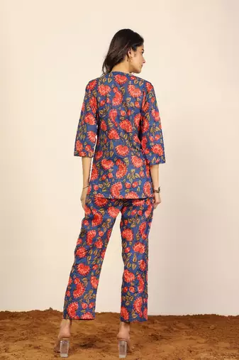 Blue multicolor floral print two piece sets short kurta style co-ord set
