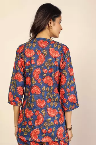 Blue multicolor floral print two piece sets short kurta style co-ord set