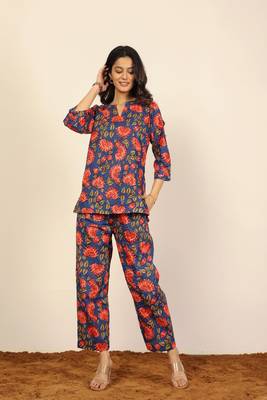 Blue multicolor floral print two piece sets short kurta style co-ord set 1