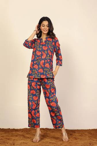 Blue multicolor floral print two piece sets short kurta style co-ord set