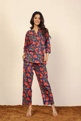 Blue multicolor floral print two piece sets short kurta style co-ord set 5