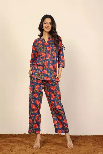 Blue multicolor floral print two piece sets short kurta style co-ord set