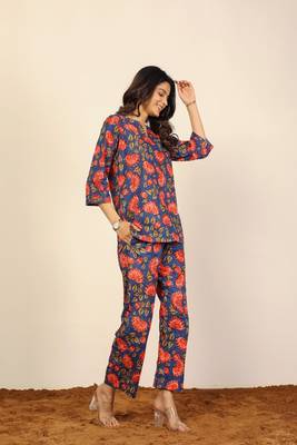 Blue multicolor floral print two piece sets short kurta style co-ord set 6
