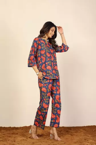 Blue multicolor floral print two piece sets short kurta style co-ord set